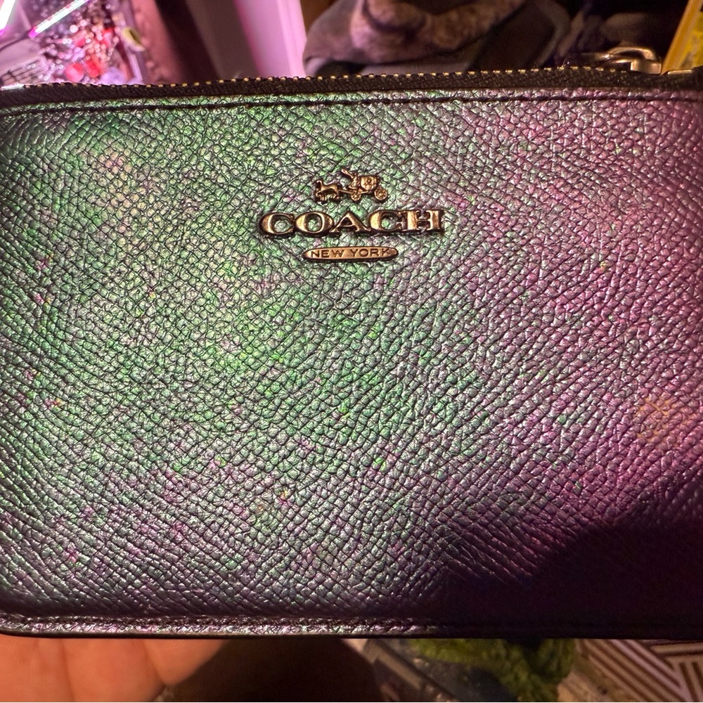 Coach Purple Hologram Crossgrain Leather Mini Skinny Card Case Wallet w/ Keychai
